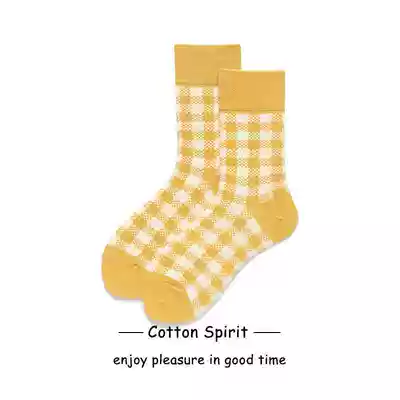 Cotton spirit midtube socks children Spring and Autumn day yellow and white lattice girl Korean socks cotton socks