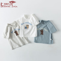  Baby short-sleeved T-shirt top pure cotton summer thin half-sleeved female male baby summer striped blue white mid-sleeve