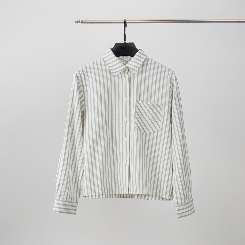 Striped Seersucker Shirt, High-Fashion Casual Long-Sleeve Shirt with Regular Shoulders, Striped Top, Dongjie