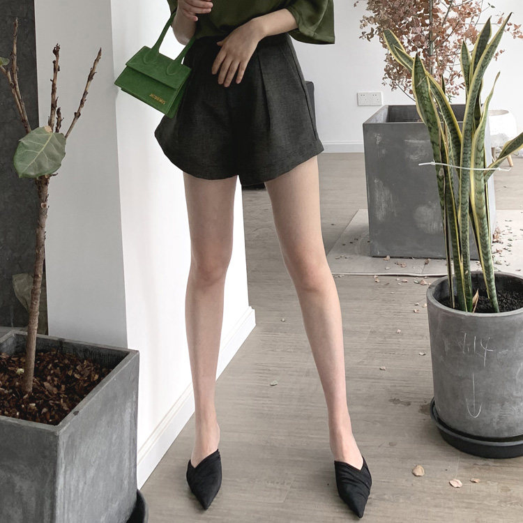 (LAMBO exclusive) 3 m legs long and small bird legs linen Hemp Solid Arc High Waist Display Slim Shorts