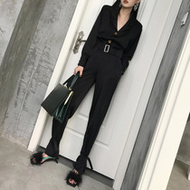 (LAMBO exclusive) retro shoulder pad long leg high waist buckle wide leg pants shirt set (can be bought alone