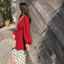 (LAMBO exclusive @ te) deep v-neck retro lantern sleeve waist cardigan