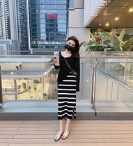 Rubbit chic2021 summer new products show leg length side split striped knit vest dress