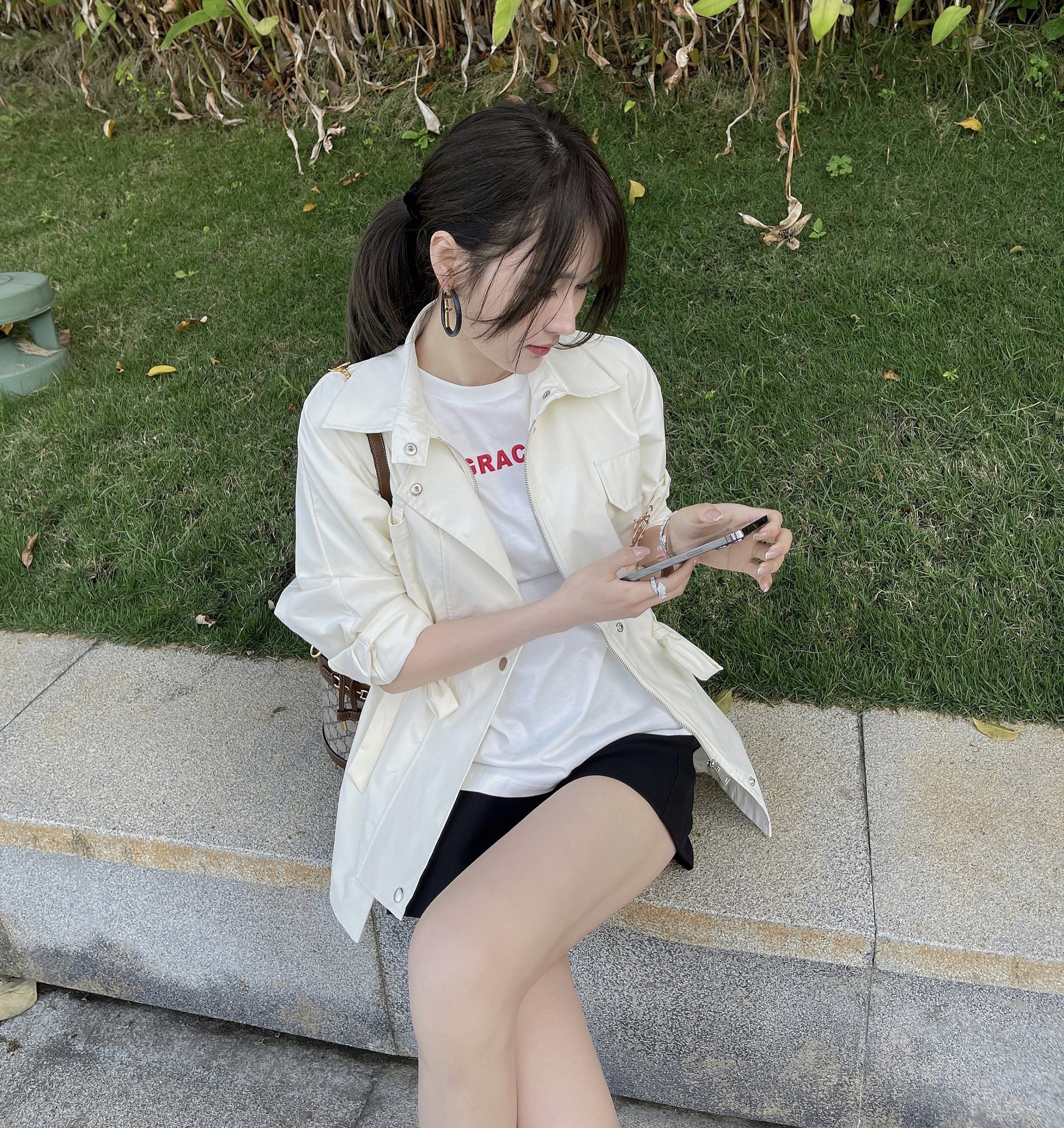 Rubbit chic2021 spring new product playful white ~ casual fashion medium long solid color trench coat