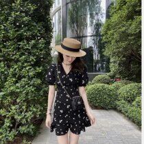 Rubbit chic 2021 summer new silk blend V-neck high waisted dress pink Black 2