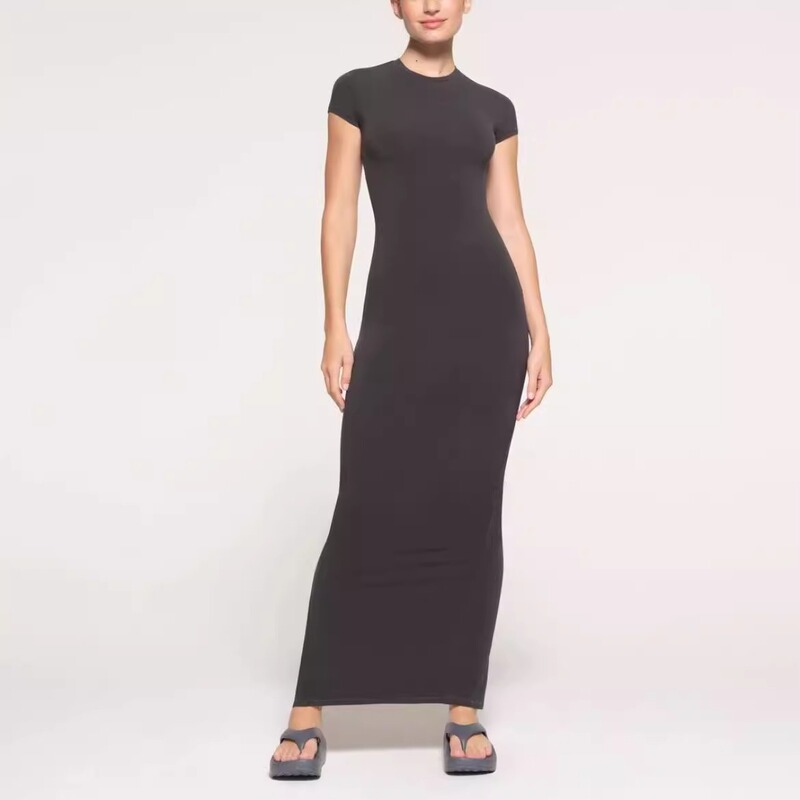 [Official Authentic Product] Skims Kardashian Ribbed Short-Sleeve Slit Dress Newvintage Bodycon Long Dress
