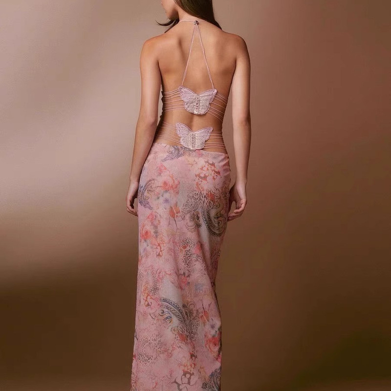 [Official Website Authentic] Iamgia Mesh Breathable Butterfly Strap V-Neck Printed Camisole Sexy Hot Girl Dress