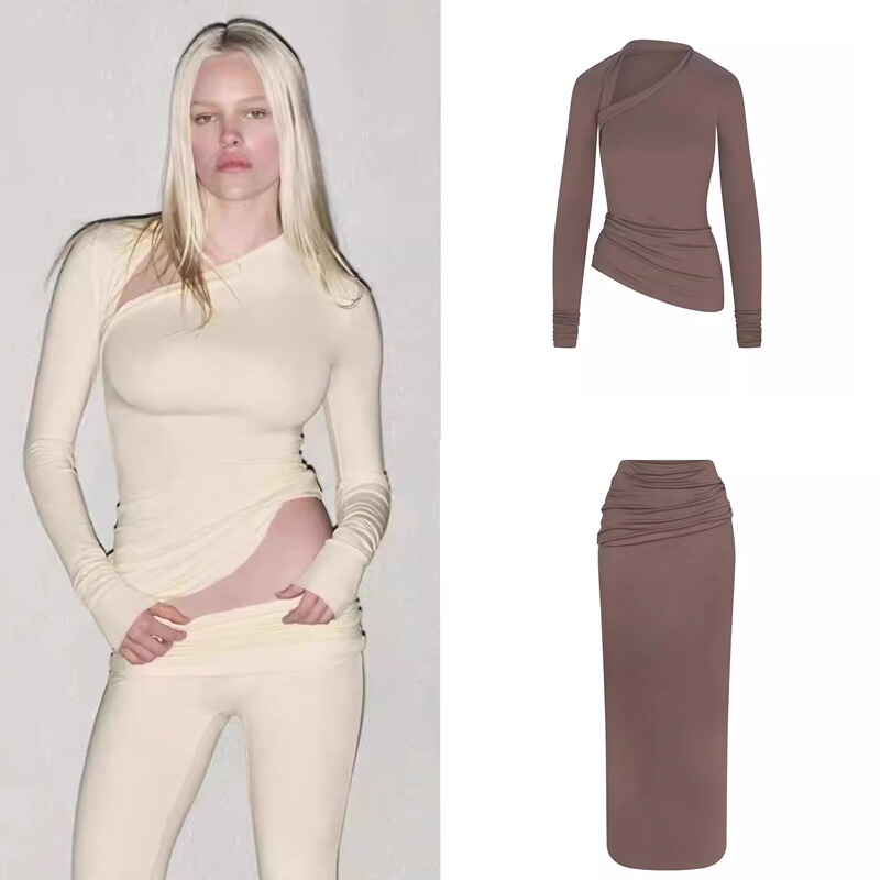 [Official Authentic Product] Skims Kardashian Cloud Soft Series Slim Fit Sexy Asymmetrical Long Sleeve Top for Women