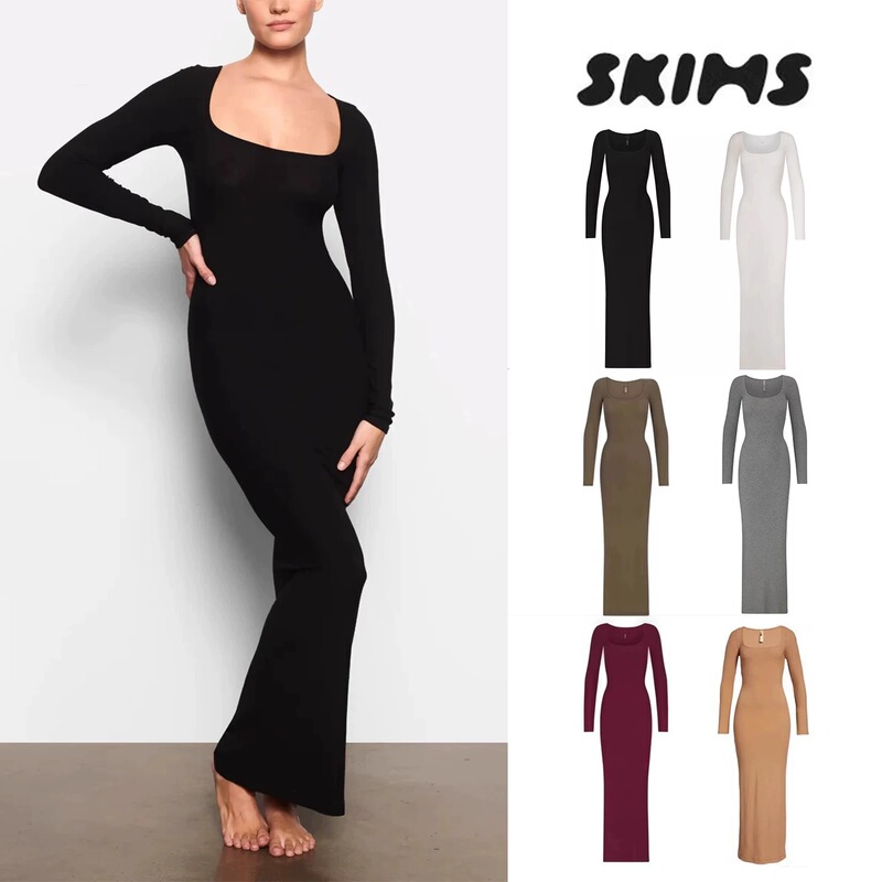 [Official Authentic Product] Skims Kardashian Style Long Sleeve Dress Purely Sensual and Sexy Slimming Bodycon Dress for Women in Autumn