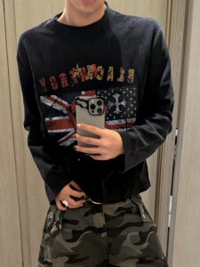 Ueshima Street-Style Waffle Knit Long-Sleeve T-Shirt with Large Tongue Print, Light Asian Rock Style, Unisex Trendy
