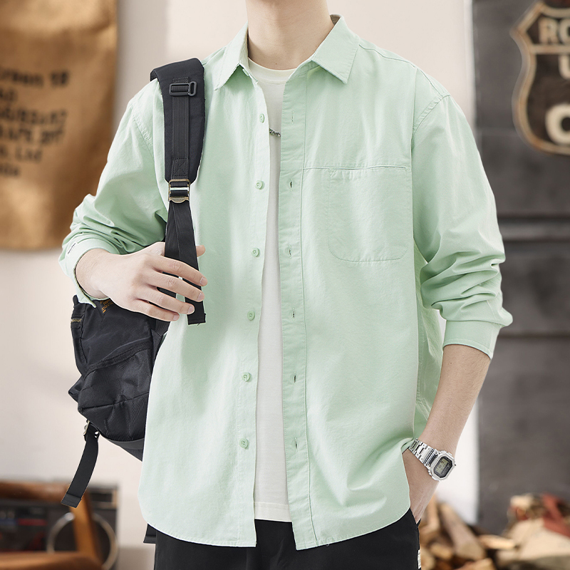 Light Green Business Shirt Jacket for Men, Spring and Autumn 2026 New Style, White-Enhancing Pure Cotton Men's Casual Shirt, Trendy