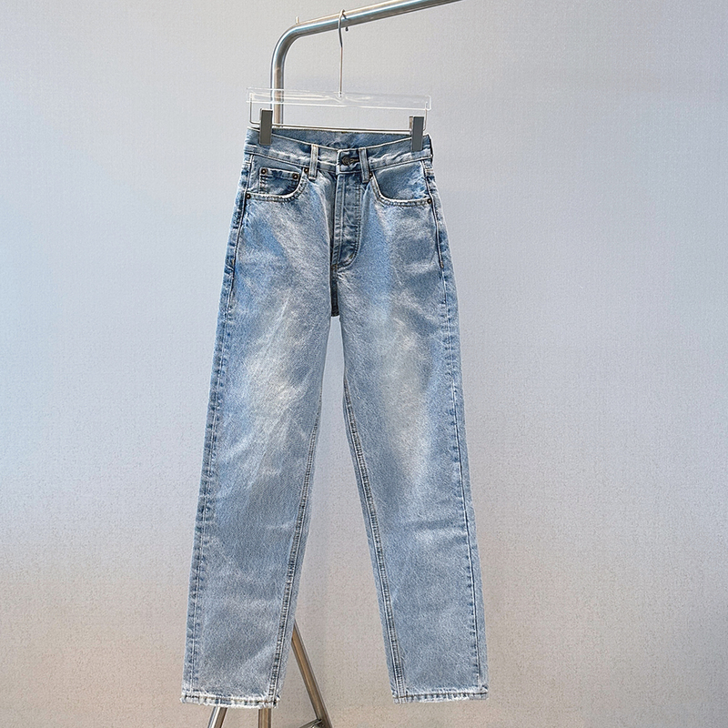 [Graphite Distressed] High-Waisted Non-Stretch Heavy Denim Slim-Fit Straight-Leg Jeans Slimming Jeans Nzs009