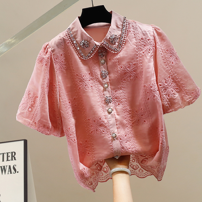 French-Style Vintage Lace Heavy Beading Puff Sleeve Shirt for Women, Slim Fit, Elegant and Versatile Top, Trendy
