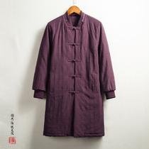 Chinese style mens Tang suit quilted jacket Youth retro cotton coat medium and long winter linen jacket Chinese plate buckle cotton suit
