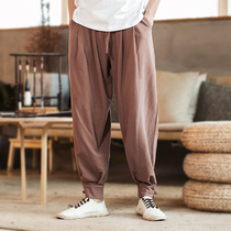 Chinese style cotton and linen casual trousers Mens large size loose bloomers small feet Harem pants Linen thin drawstring pants