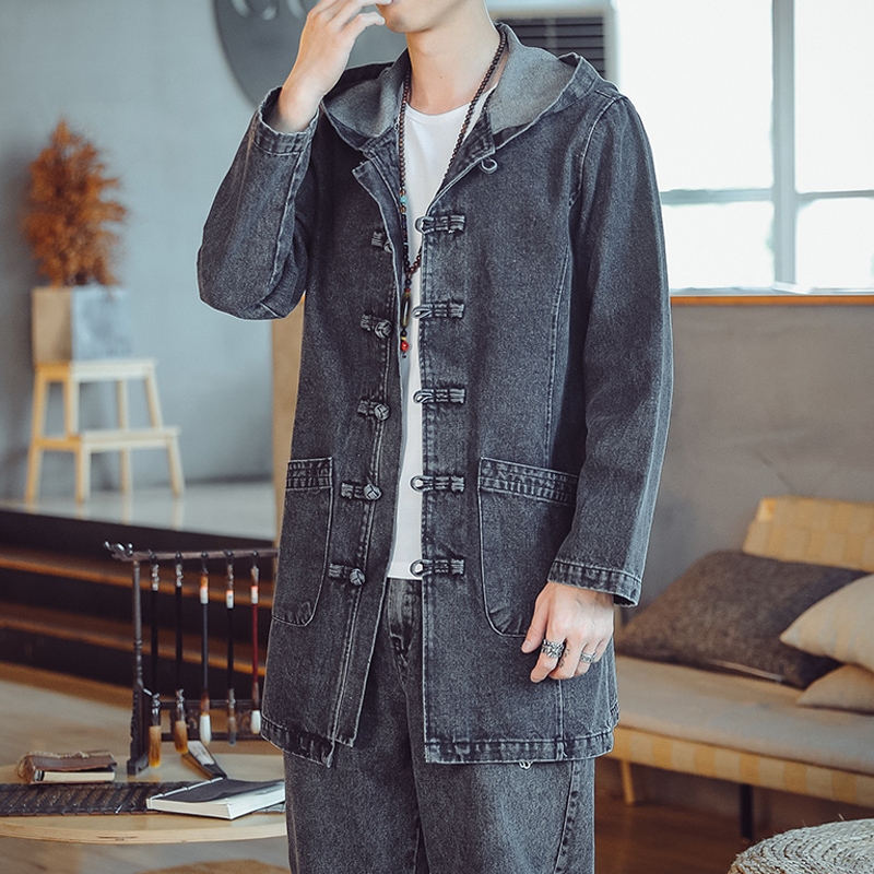 Chinese Style Suit for Men, Traditional Hanfu Costume, Autumn Washed Denim Two-Piece Set, Tang Suit, Retro Loose Zhongshan Suit