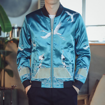 Autumn Chinese style mens large size retro style baseball collar crane embroidery jacket Satin seiko casual jacket