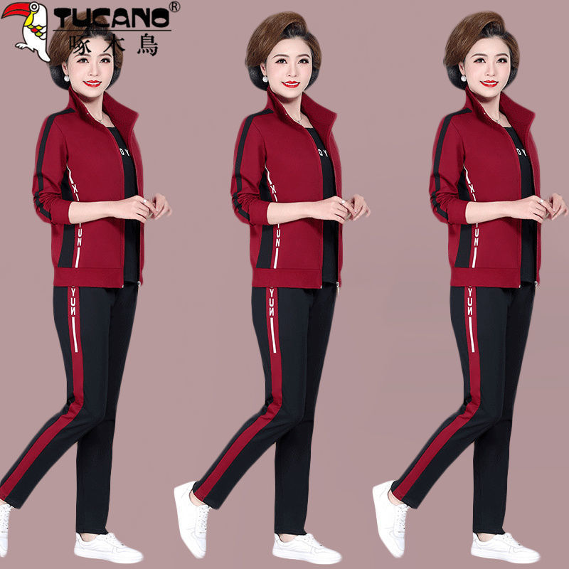 Woodpecker High containing cotton Mom Clothing Spring Autumn Season Middle Aged Sportswear Suit Woman Big Size Women's Dress Long Sleeve Three Sets