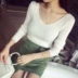 Thu đông mới đôi áo cổ chữ V tay dài bó sát áo sơ mi Slim mỏng co giãn áo len áo len nữ áo len cho người già Áo len cổ chữ V