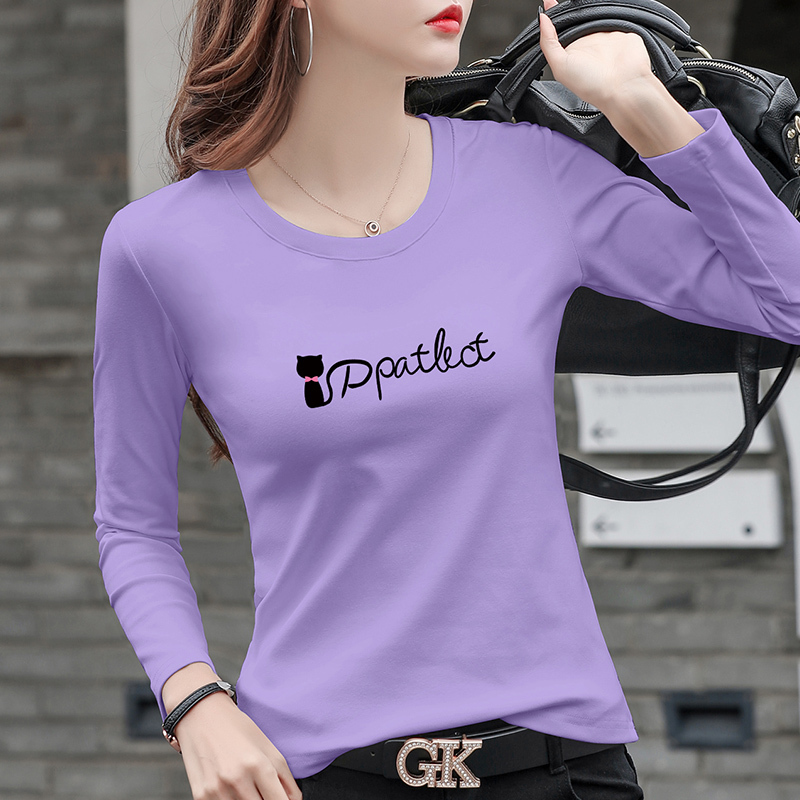 Spring and Autumn New Style Purple Slim-Fit Round-Neck Printed Cat Long-Sleeve Pure Cotton Casual and Unique Women's Base Shirt T-Shirt