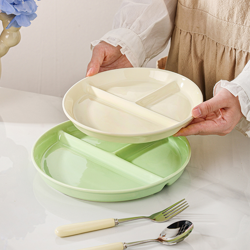 Divided Plate for Home Use, Portion-Controlled Breakfast, Three Compartments, for Adults to Reduce Fat, Suitable for Men, Women, and Children, Round Ceramic Meal Plate