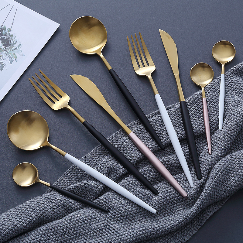 304 stainless steel western tableware knife and fork spoon set dessert spoon coffee spoon steak knife and fork spoon European powder gold