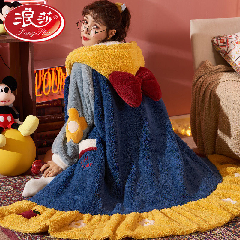Coral Suede Sleeping Robe Women Winter Thickening Long Version Plush Bathrobe Net Red Sleeping Skirt Flannel Suede Sleepwear Woman Winter