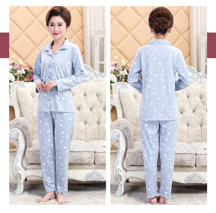 Bộ đồ ngủ cho mẹ trung niên ở Nam Cực mùa thu dài tay cotton phù hợp với mùa thu và mùa đông Mẹ chồng trẻ phụ nữ áo len phục vụ tại nhà bộ đồ the thao nữ hàng hiệu