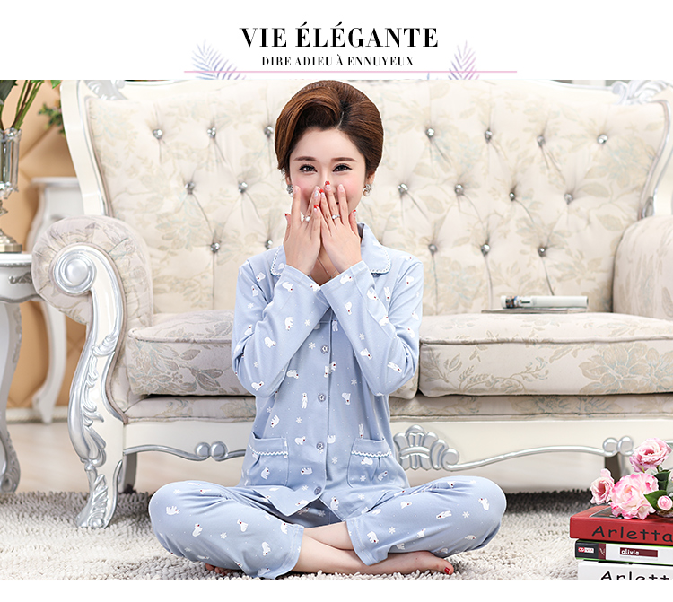 Bộ đồ ngủ cho mẹ trung niên ở Nam Cực mùa thu dài tay cotton phù hợp với mùa thu và mùa đông Mẹ chồng trẻ phụ nữ áo len phục vụ tại nhà bộ đồ the thao nữ hàng hiệu