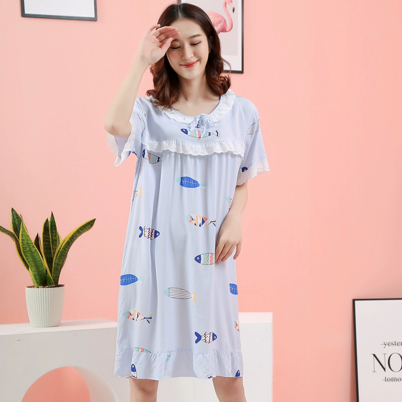 Váy ngủ ngắn tay nữ mùa hè cotton lụa pijama cotton lụa váy sinh viên mỏng lỏng lẻo cỡ lớn chất béo MM bông nhân tạo hoạt hình - Đêm đầm