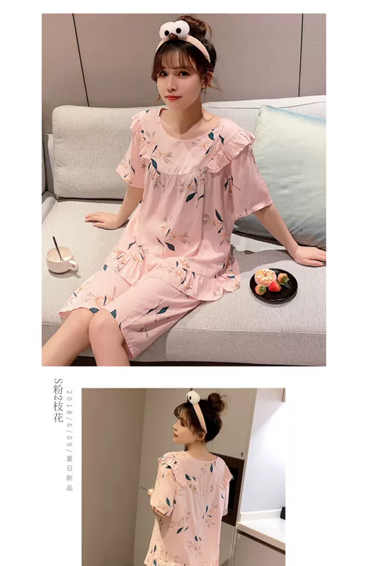 Bộ đồ ngủ cotton lụa của phụ nữ mùa hè quần ngắn tay cotton lụa dịch vụ nhà rayon hai mảnh phù hợp với sinh viên mỏng kẻ sọc dễ thương - Cặp đôi