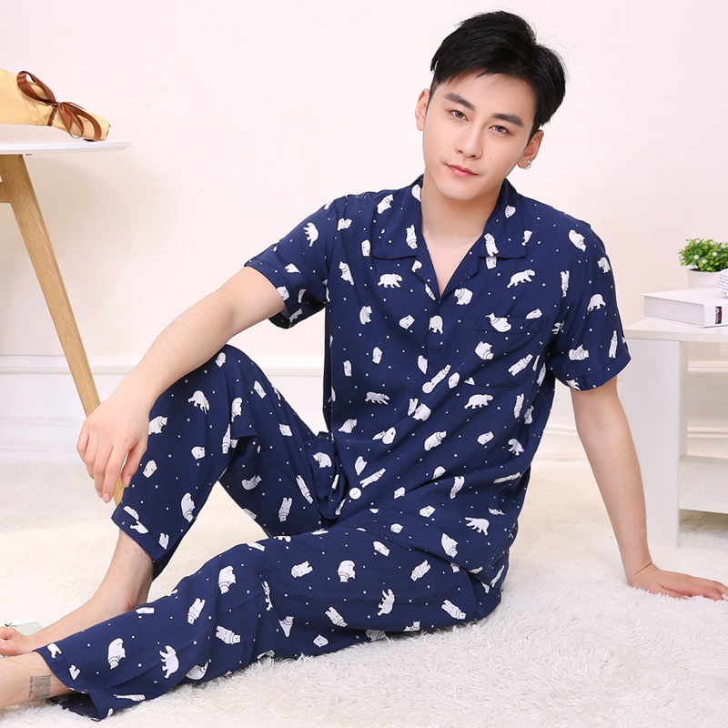 Bông lụa đồ ngủ nam mùa hè ngắn tay quần cardigan thanh niên lỏng phần mỏng kích thước lớn cotton lụa quần áo nhà nhân tạo cotton phù hợp với shop đồ nam