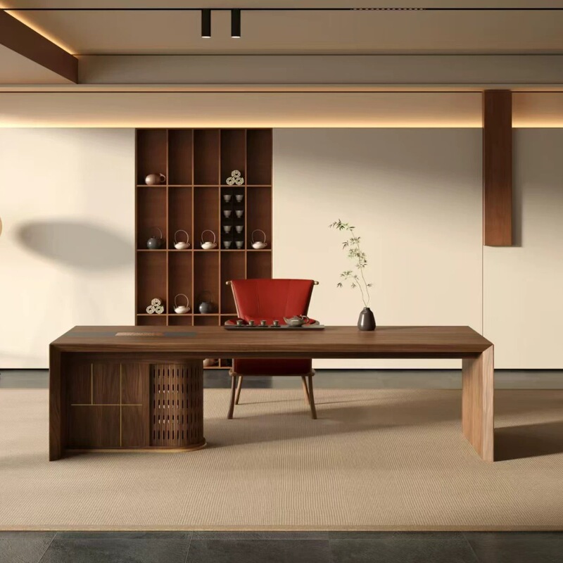 New Chinese-Style Solid Wood Tea Table and Chair Set, Black Walnut Wood, Modern Zen-Inspired Minimalist Tea Room, Home Tea Table, Tea Brewing Table