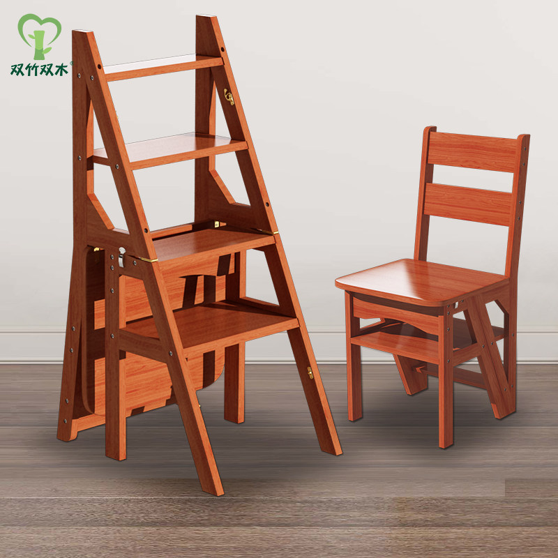 Multifunctional stair chair home ladder stool dual-use folding climbing stool four-layer backrest chair solid wood four-step ladder stool