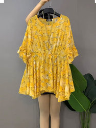 Plus size ຂອງແມ່ຍິງ summer ເຢັນ chiffon ເສື້ອຢືດແຂນສັ້ນ 200 ປອນໄຂມັນ mm slimming age reduction elastic waist floral top