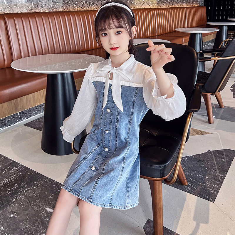 Girl Cowboy Ocean Dress Childlike Spring Autumn Season Long Sleeve Girl Middle Long version trendy CUHK Scout Casual Skirt
