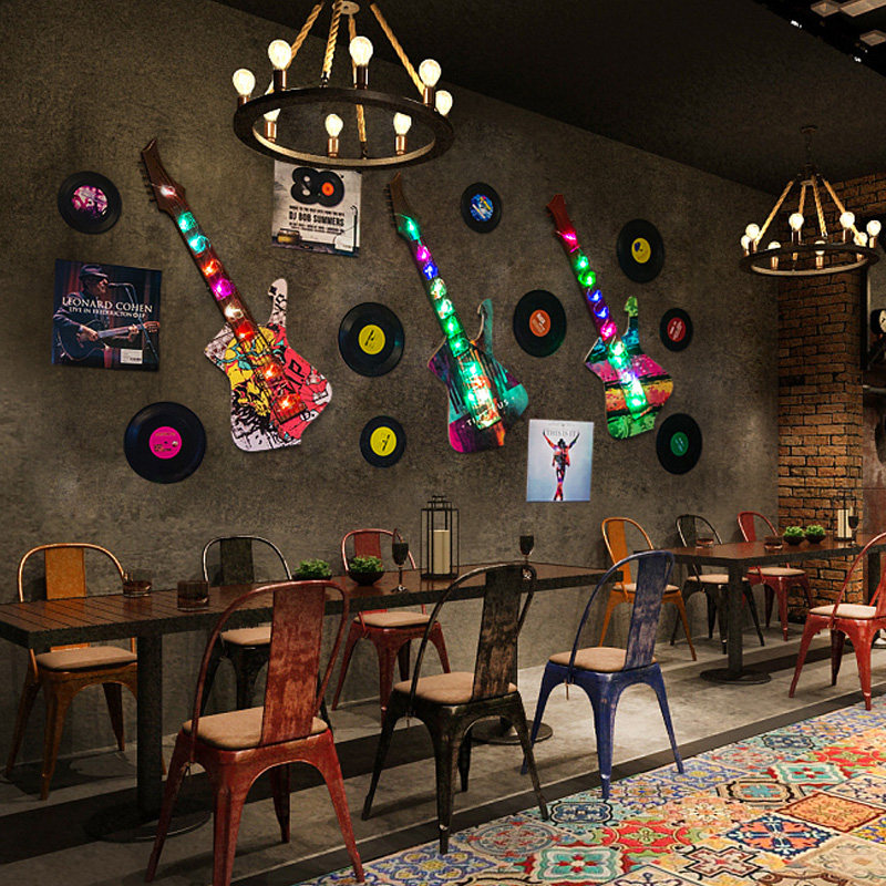 Industrial style retro restaurant clear bar wall decoration pendant creative bar vinyl record personality guitar wall hanging