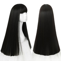 One knife flat wig female long straight hair temperament face oblique bangs realistic black long hair set cos