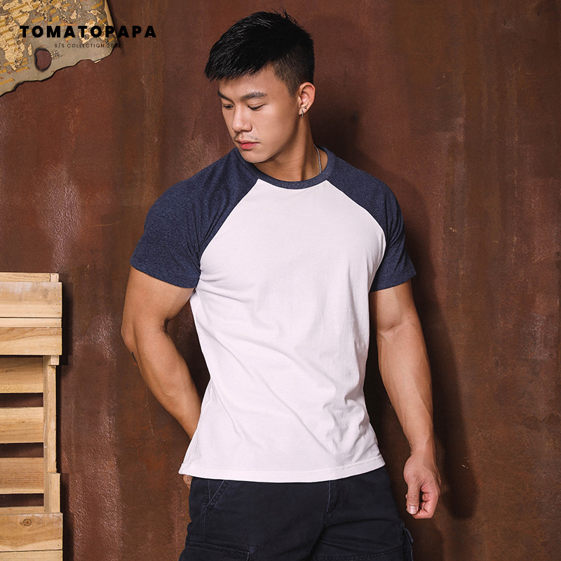 TOMATOPAPA 欧米オリジナルストリートコントラストカラーラグランスリーブTシャツカレッジカラーマッチングラウンドネックスポーツTシャツ若い男性