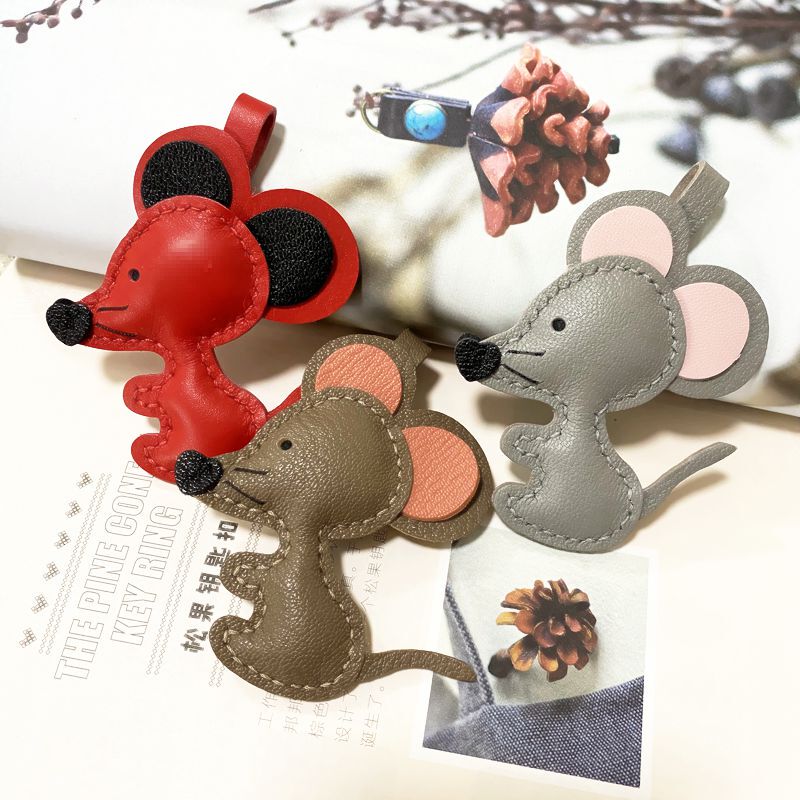 Fur Craftsman Handmade Genuine Leather Mouse Keychain Small Pendant Cartoon Cute Zodiac Bag Charm Birthday Gift