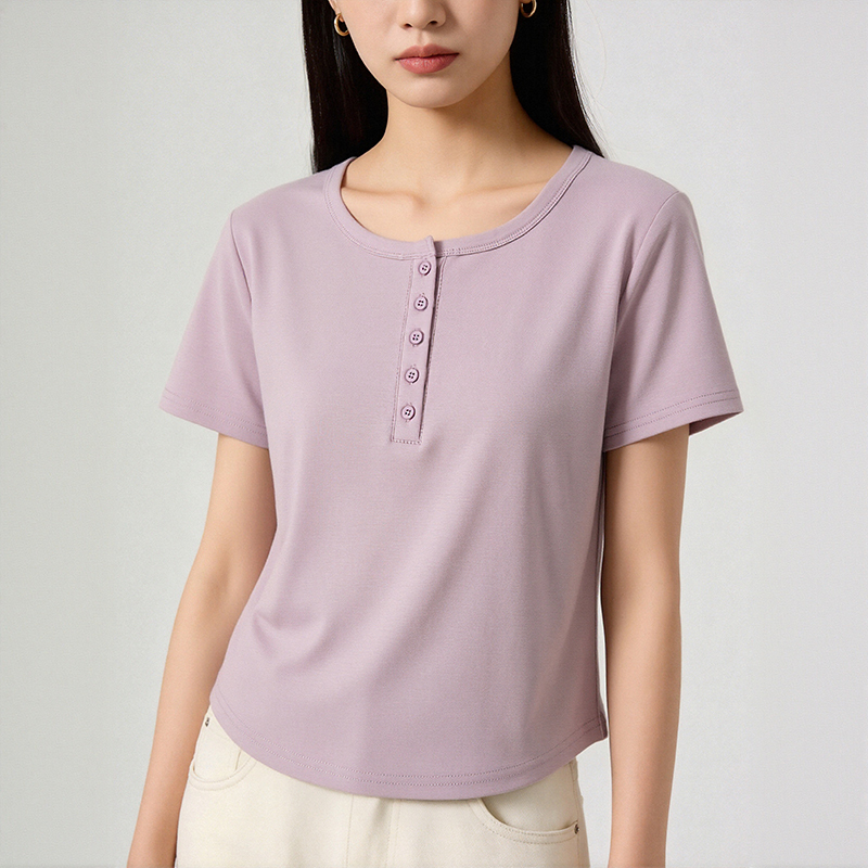 Classic Henry Collar Short-Sleeve T-Shirt for Women, 2026 Summer and Autumn Button Design Versatile Top, Simple and Stylish Outfit for Women