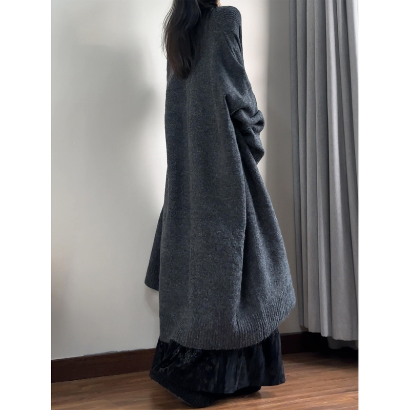 Loose-Fitting Knitted Cardigan with a Lazy Style, Korean Fashion Casual Long Over-The-Knee Thick Sweater Coat