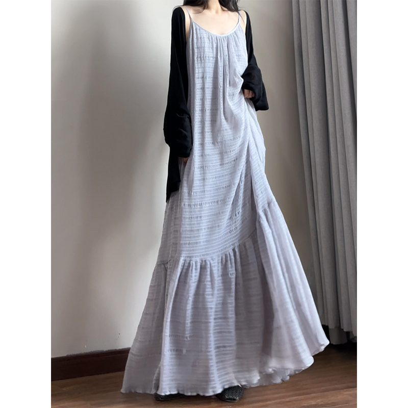 Lazy Style Long Dress with a Relaxed Feel, Simple Long Dress, Loose-Fitting Belly-Covering Slip Dress for Tall People