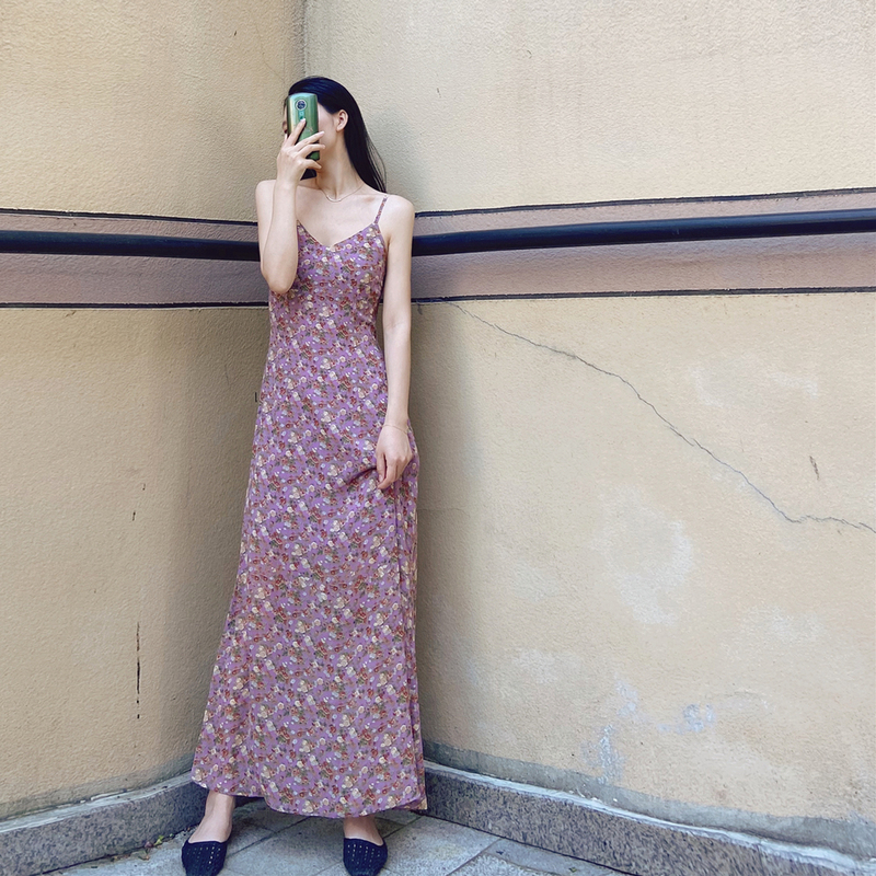Hyuna Purple Chiffon Dress, Summer Long Dress That Reaches the Ankles, Floral Dress, Oil Painting Style Sexy V-Neck Floral Suspender Dress