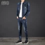 Guochao nam denim phù hợp với hai mảnh thêu mùa xuân và mùa thu denim áo khoác căng phù hợp với Slim - Áo khoác đôi đồ nam đẹp