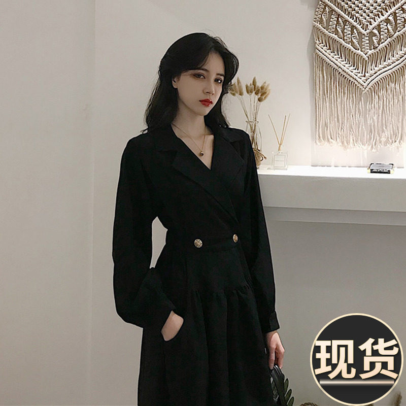 Autumn Hepburn style slim fit little black dress female French niche retro suit wear bottoming Hepburn dress