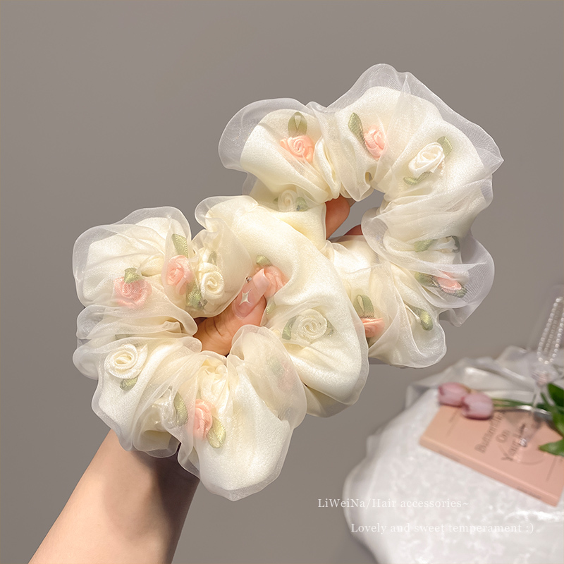 Super Fairy-Like Floral Mesh Scrunchie for Women, Low Ponytail Hair Tie, Children's Bun Hair Elastic, Summer Hair Accessory