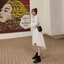 2022 Spring loaded with new female v collar shirt French style vintage A character white dress with waist display slim temperament long dress