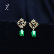 Flower 丨 Jade dry green road pass earrings 18k gold Chinese retro drop earrings hypoallergenic earrings stud earrings