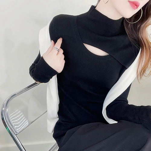 Дизайнерский трикотажный демисезонный свитер, приталенный базовый приятный телу лонгслив, 2023, тренд сезона, высокий воротник